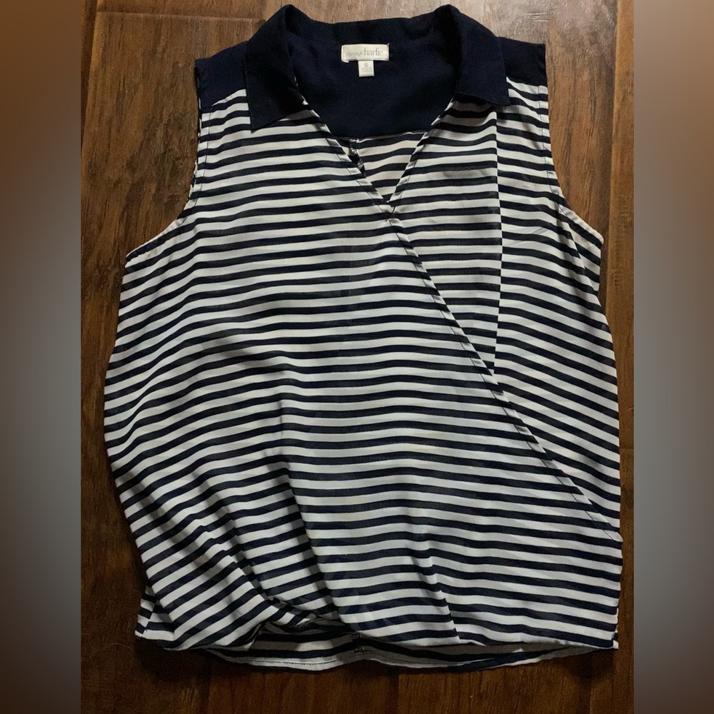 Navy Blue Stripped Charming Charlie Blouse w/ Collar